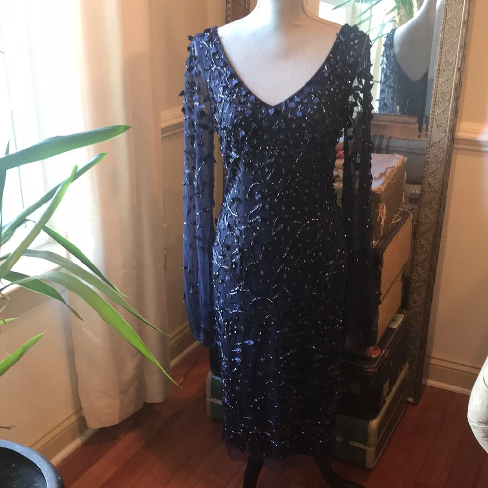 Theia navy beaded cocktail dress